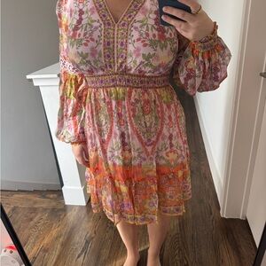 Hale Bob Pink and Orange Floral Long Sleeve Dress